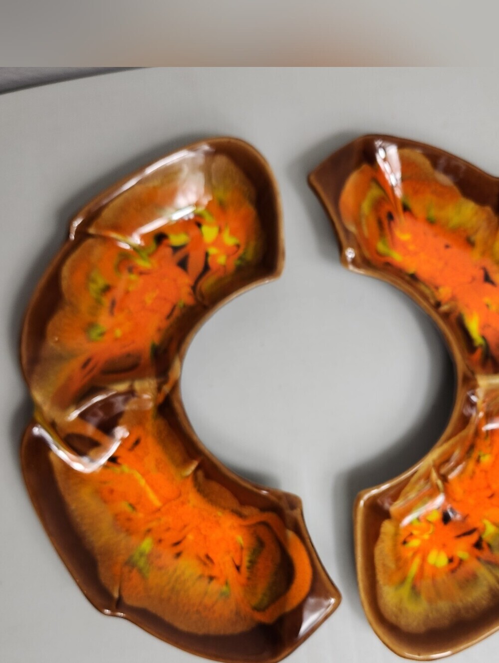 California Pottery VTG Brown/Orange Drip Glaze Deli/Relish Dishes Lazy Susan